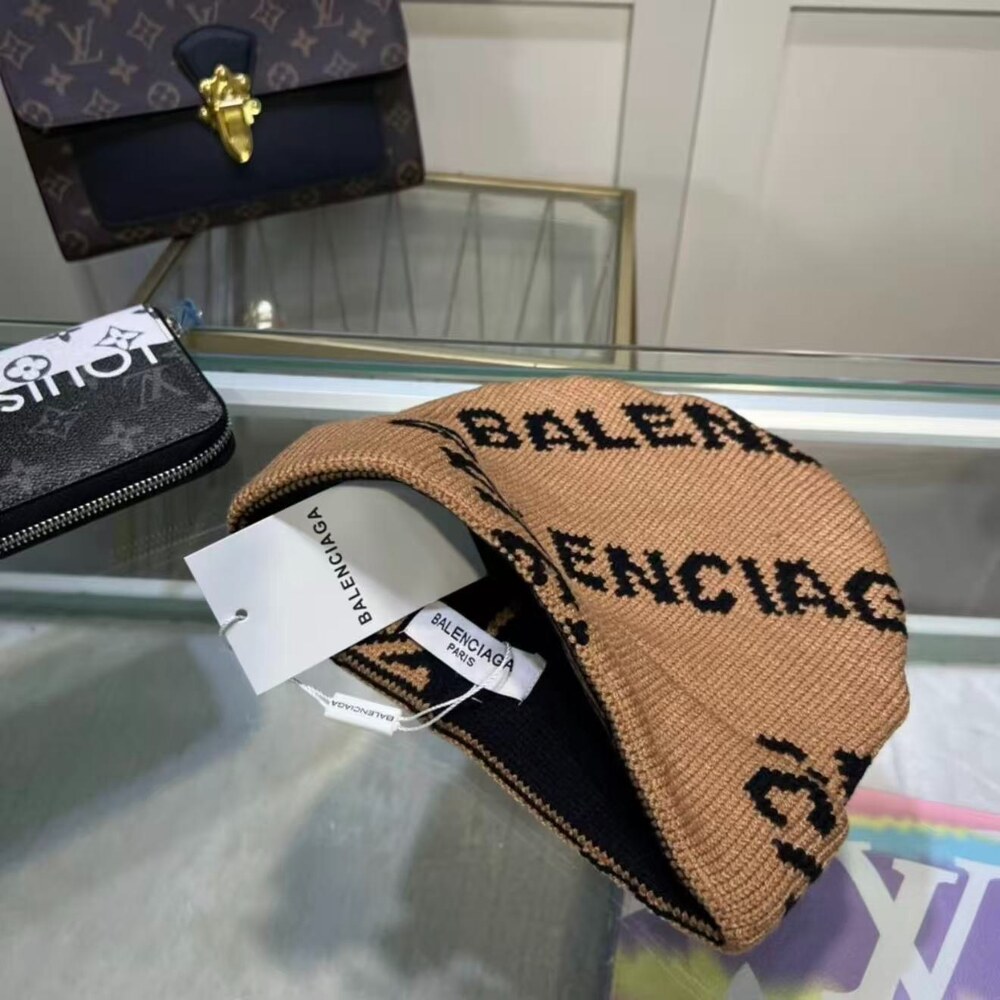 Balenciaga All-Over Logo Knit Beanie in Camel - Picture 3 of 4
